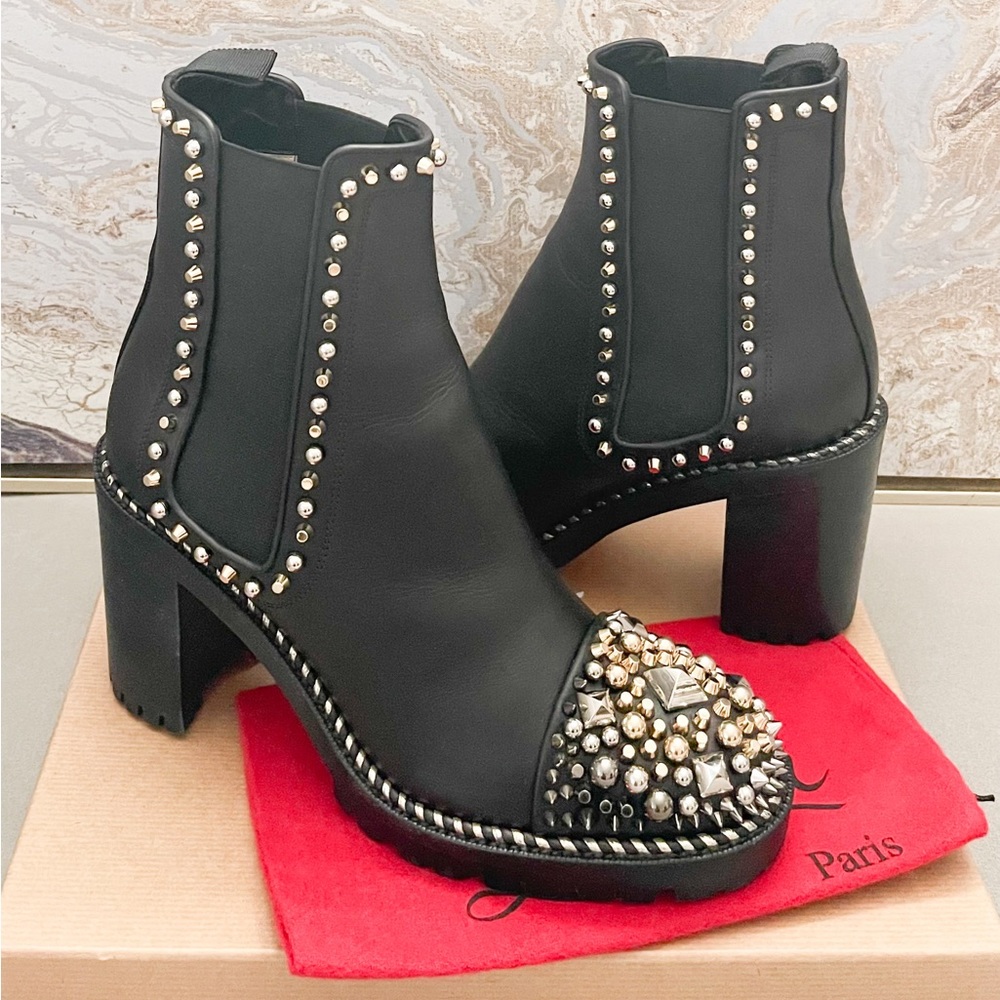 Christian Louboutin Studded Chasse A Clou Chelsea Calfskin Leather Combat Boots